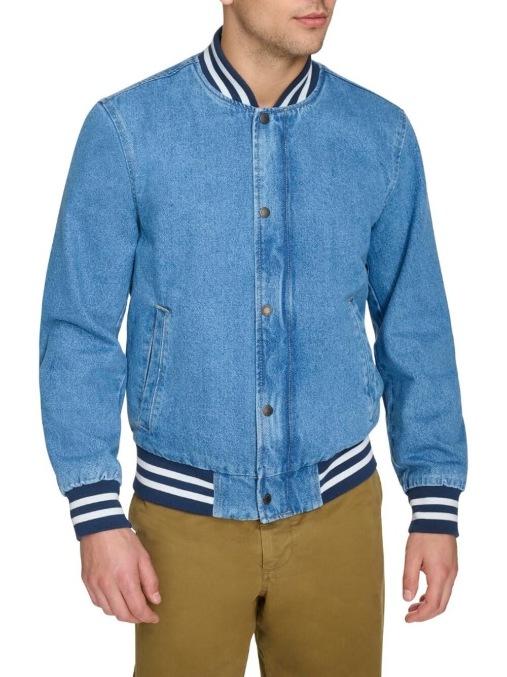 Levi's Men's Denim Blue Varsity Bomber Jacket Long Lined Sleeve Two Lower Pocket